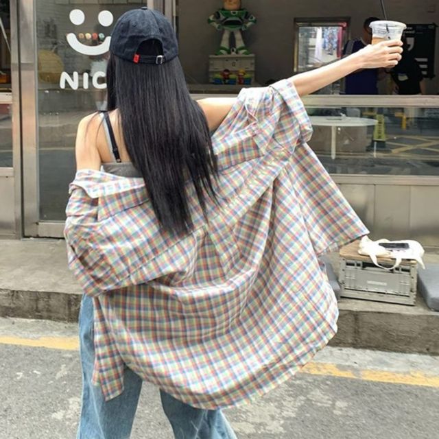 여성 봄 여름 데일리 루프핏 체크포켓 반팔 셔츠