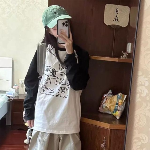 배색 캐주얼 티셔츠 당일배송 프린트 그레이 긴