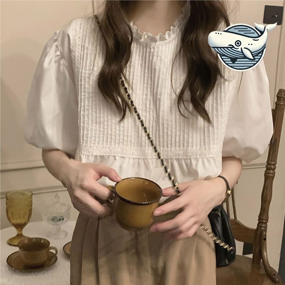 여성용 레이스 풀림 블라우스 퍼프소매 셔링