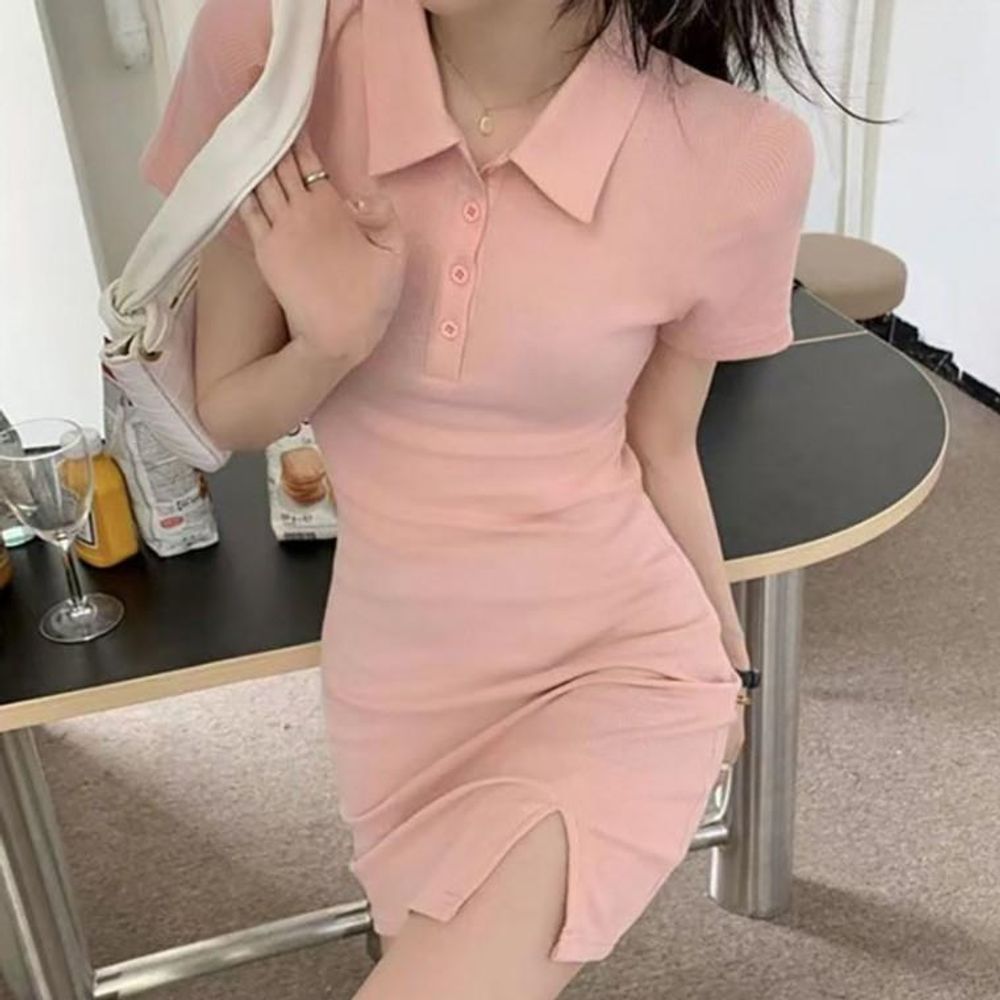 원피스 여름 반팔 미니 스판 카라 캐주얼 옆트임