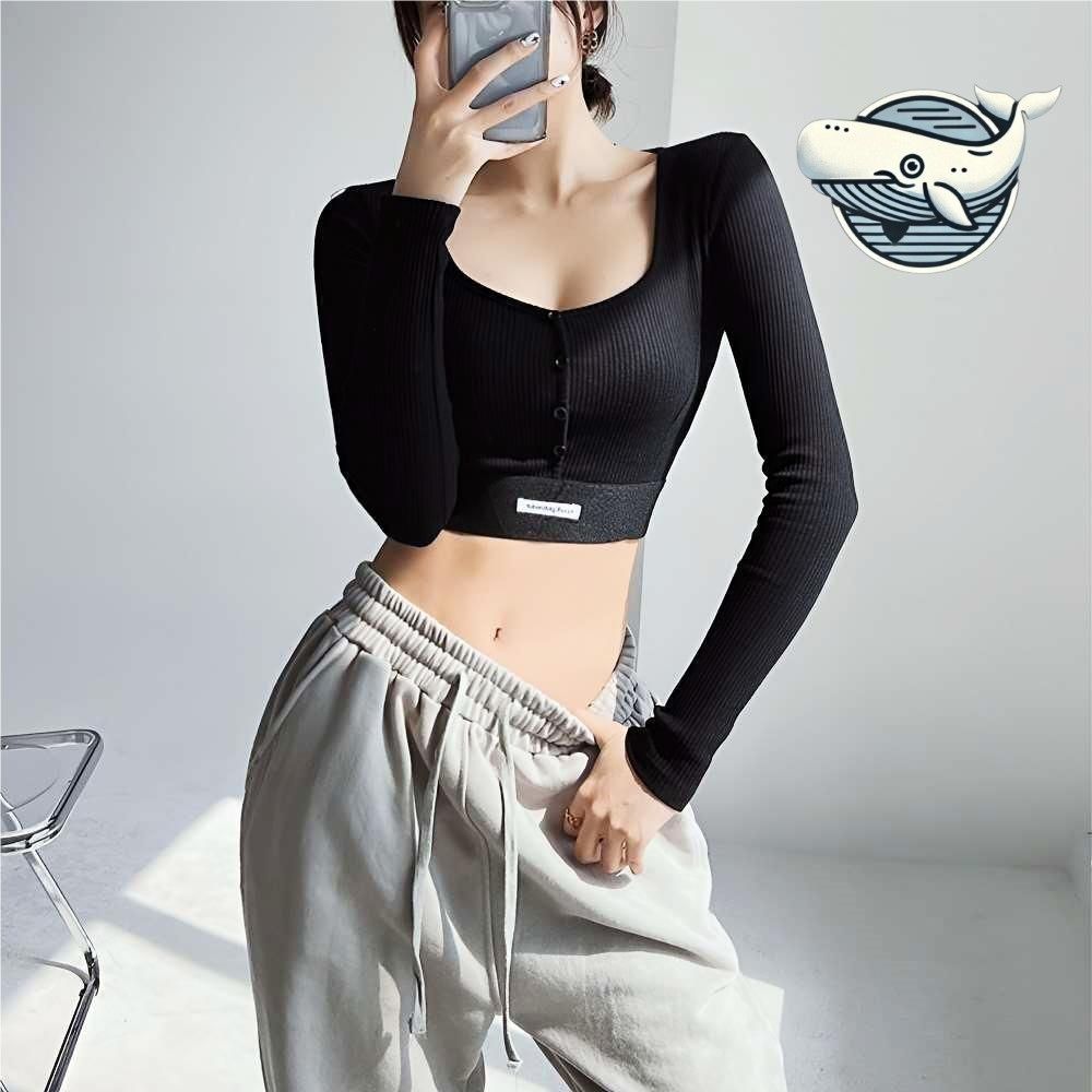 세련된 여성용 긴팔 크롭티 스퀘어넥 골지