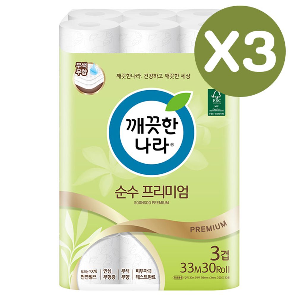 깨끗한나라 순수프리미엄 화장지 33m 30롤 3P 휴지