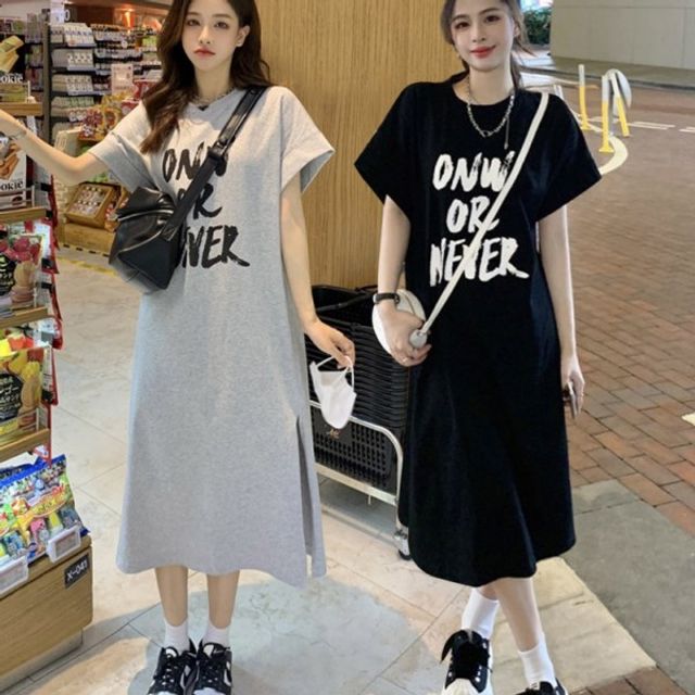 여성 롱 레터링 기본 트임 데이 반팔 원피스