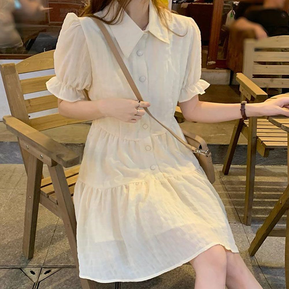 쉬폰반팔원피스 카라넥원피스 프릴 햅번 프릴소매
