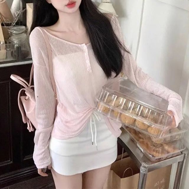 핑크 여름 긴팔 여리 시스루 티셔츠