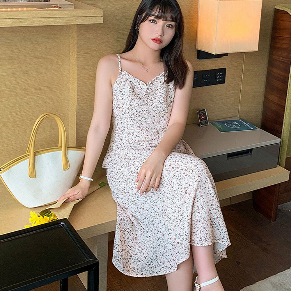 러블리 데이지 플라워 여성 끈나시 여름 롱 원피스