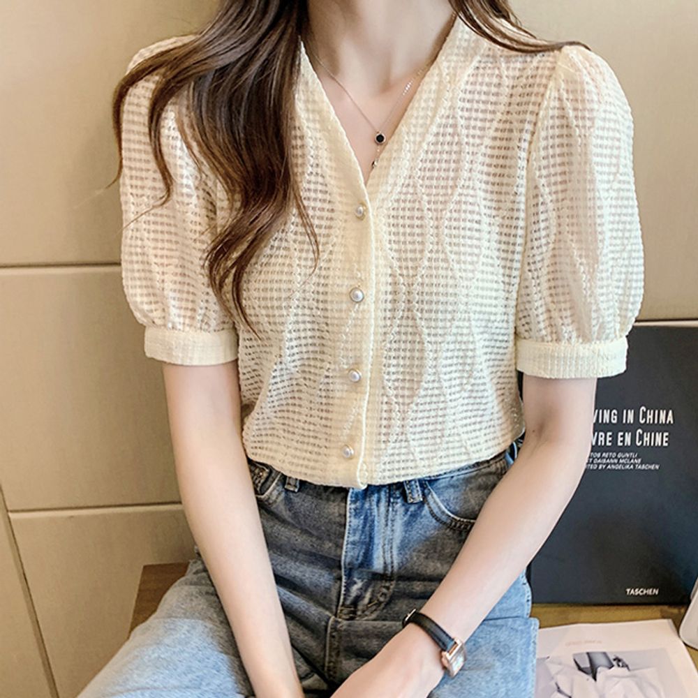 여성블라우스 반팔블라우스 1P 셔링 브이넥 시스루