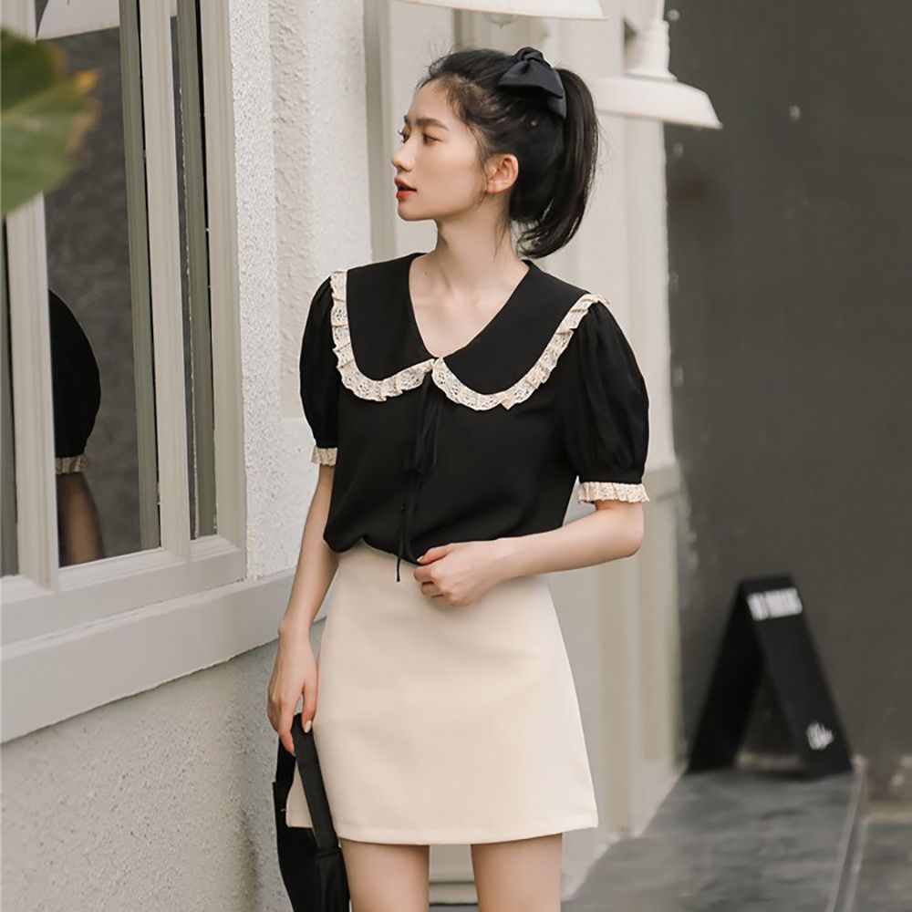 여름 블라우스 레이스 카라 반팔 셔츠 하객룩