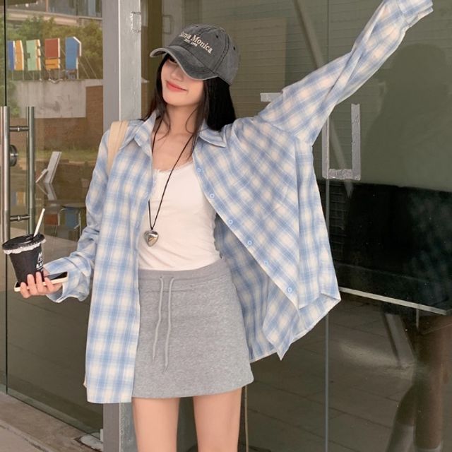 레이어드 화사한컬러 루즈핏 블루체크무늬 빈티지셔츠