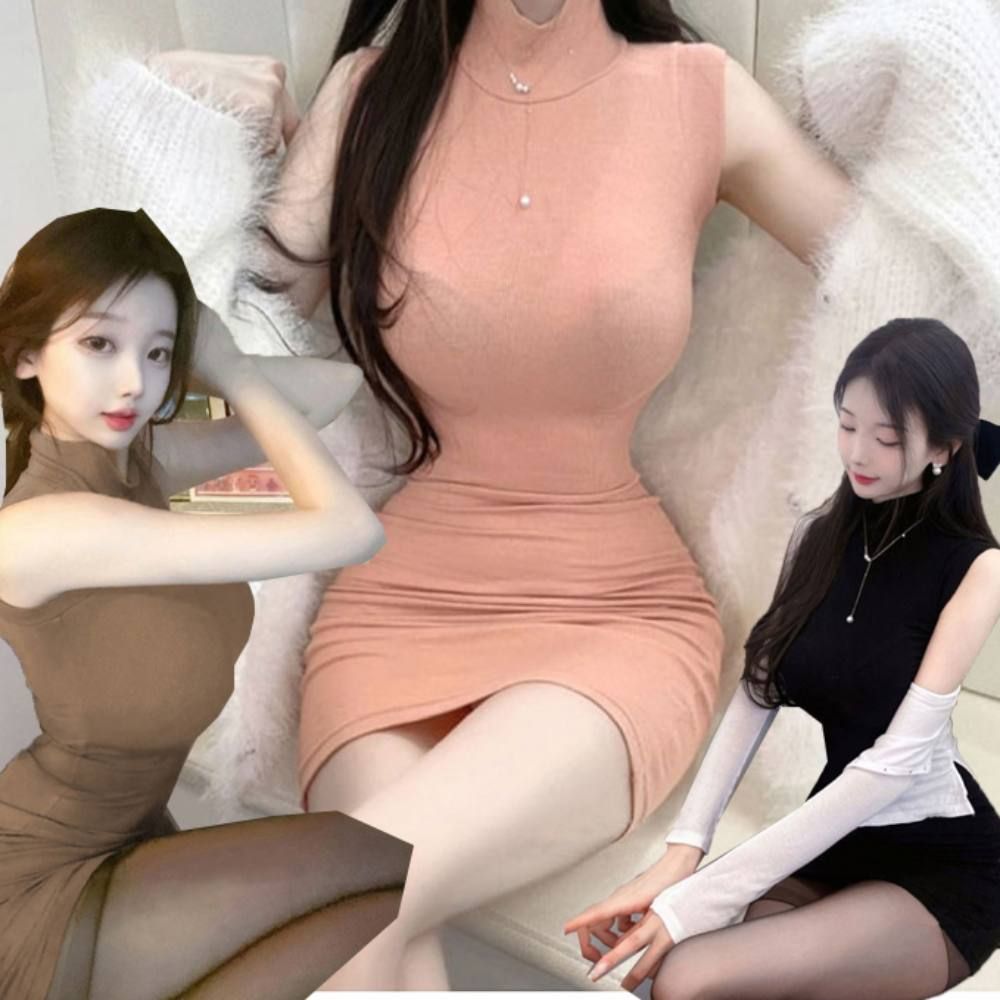 여성 반폴라 H라인 스판 민소매 데이트룩 미니원피스