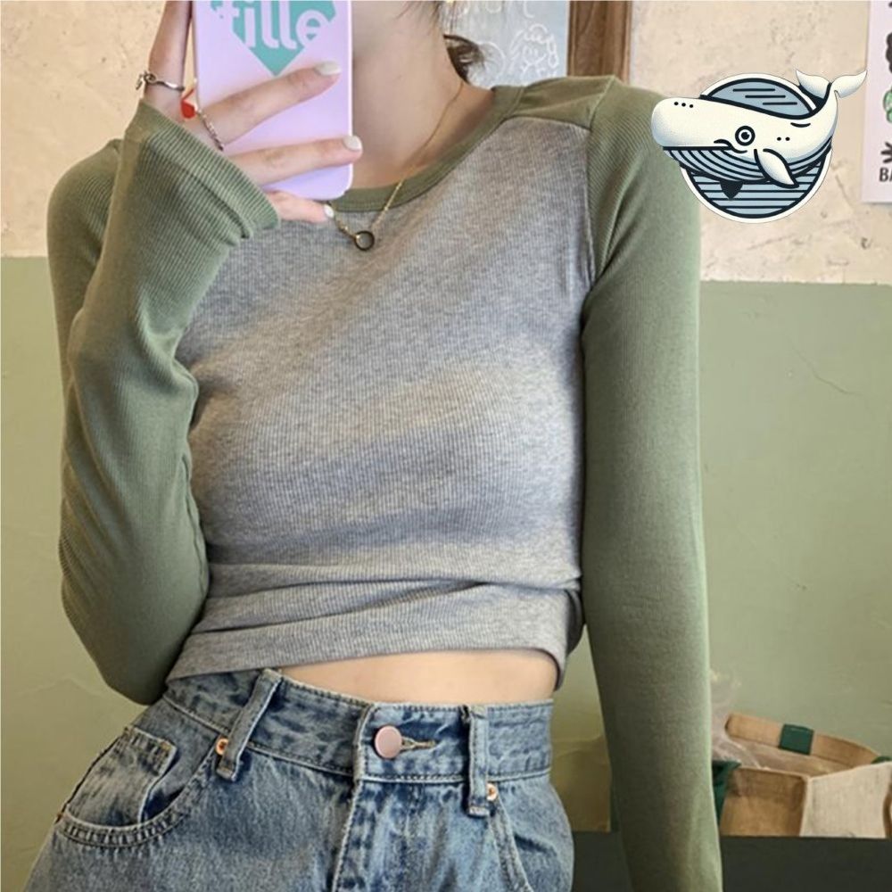 여성 편안한 투톤 긴팔 크롭티 캐주얼 데일리