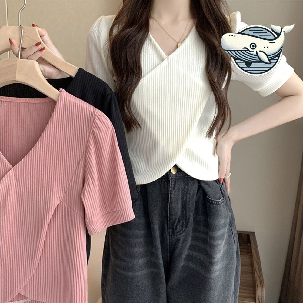 여성용 브이넥 크롭티셔츠 3컬러 세련된
