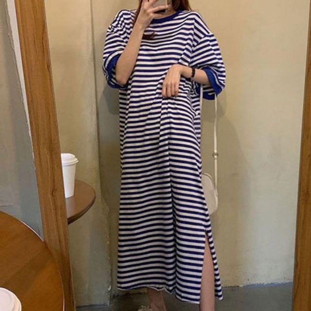 스트라이프 루즈핏 롱원피스 기본 밑단절개 데이 여름