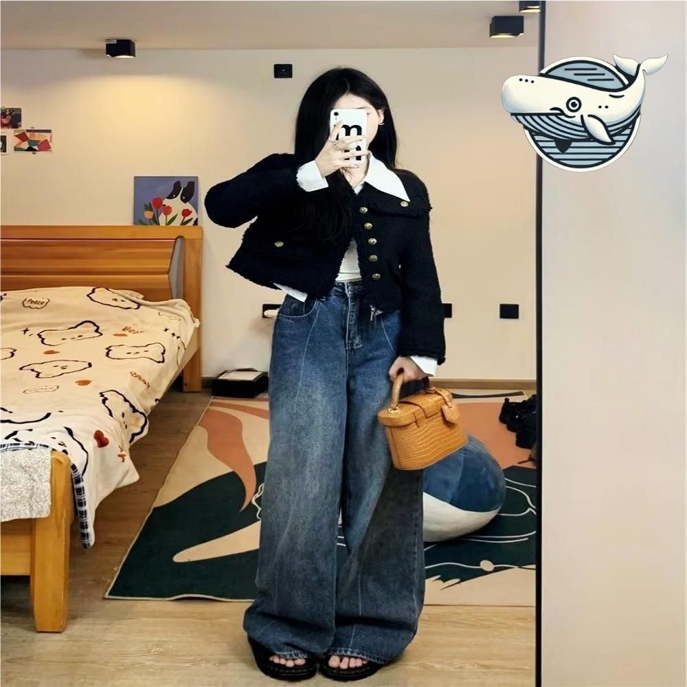 편안한 와이드핏 블랙데님 팬츠 유니크한 스타일