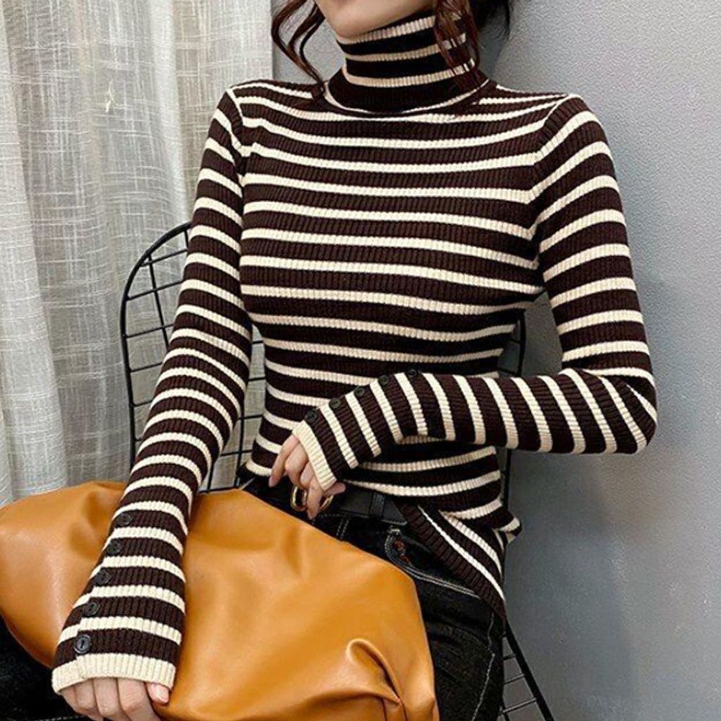 줄무늬목폴라 골지 여자목티 폴라티 여자 여성터