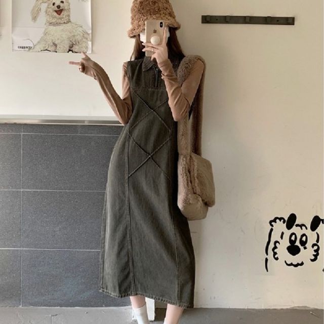 빈티지 데님 투썬 기본 카라 데이 민소매 원피스 캐주