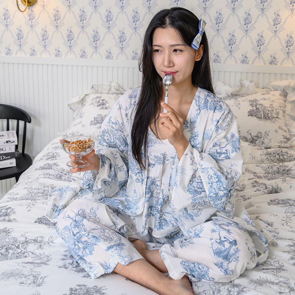 잠트리 디오레 30수 광목 여성용 파자마 블루