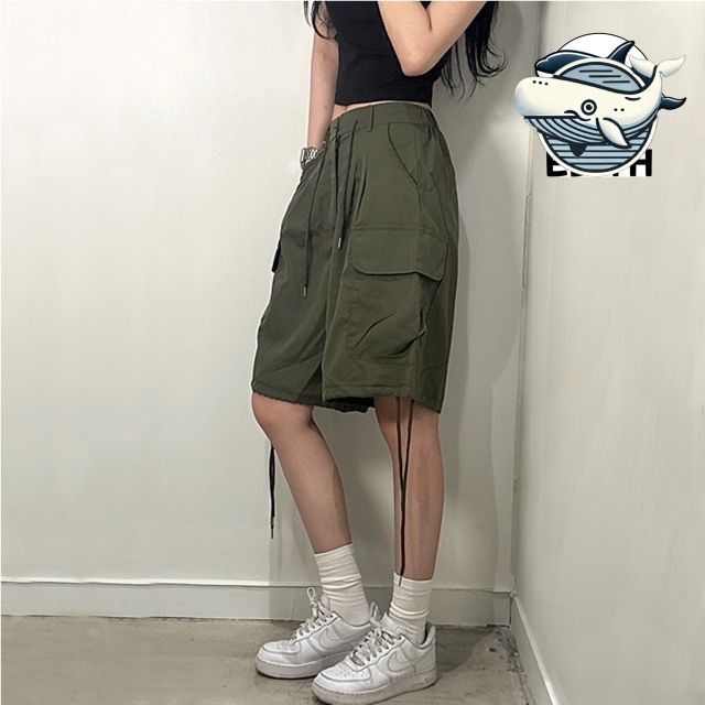 트렌디 여름 카고 반바지 핀턱 포켓 밴딩 바지