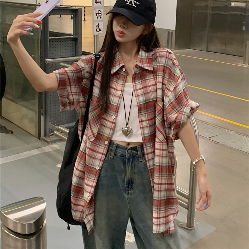 여성 캐주얼 남방 오버핏 체크 반팔 셔츠