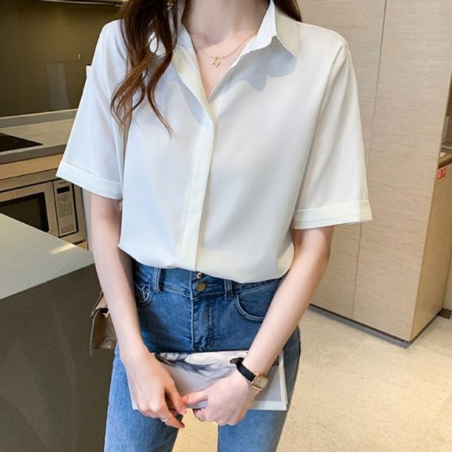 여성 소매 5부 기본 무지 데이 쉬폰셔츠 상의 캐주얼
