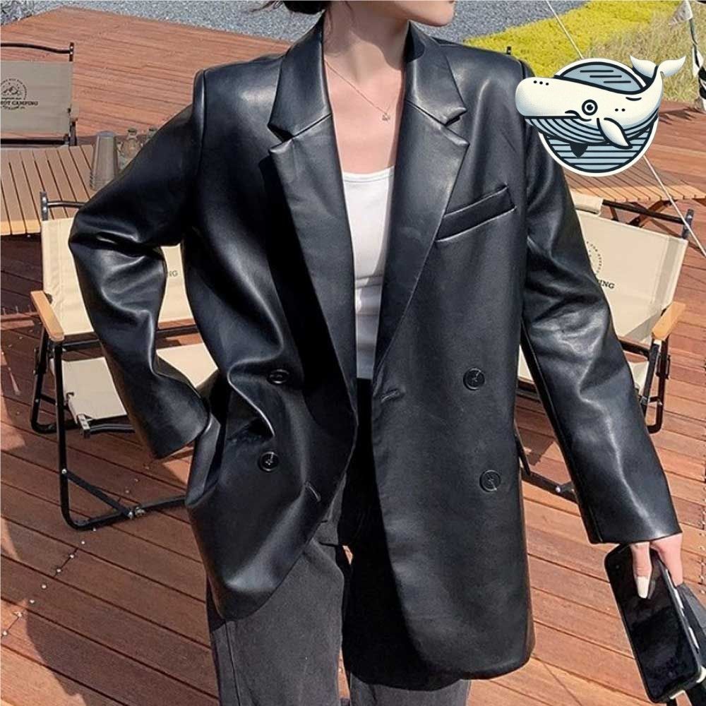 세련된 더블버튼 가죽 블레이저 스타일리시