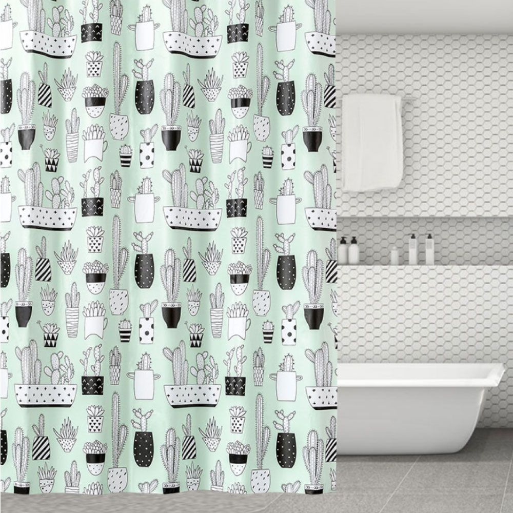 180x180 샤워커튼 욕실 인테리어 선인장 패턴