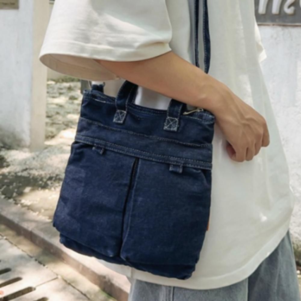 데님 크로스백 가방 데일리 심플 워싱 블루