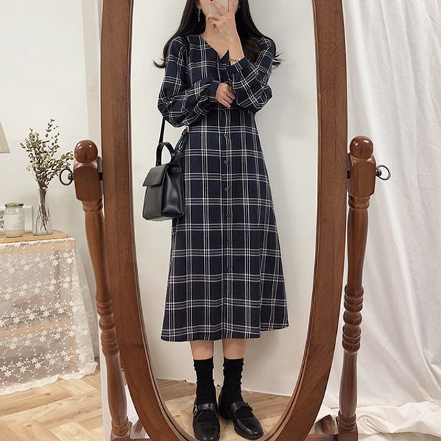 돌잔치 단추 체크 롱 브이넥 원피스 여자 하객
