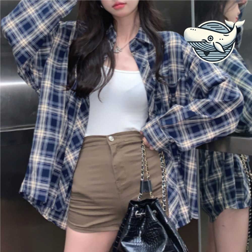 여성 체크 긴팔 오버핏 셔츠 편안한 캐주얼