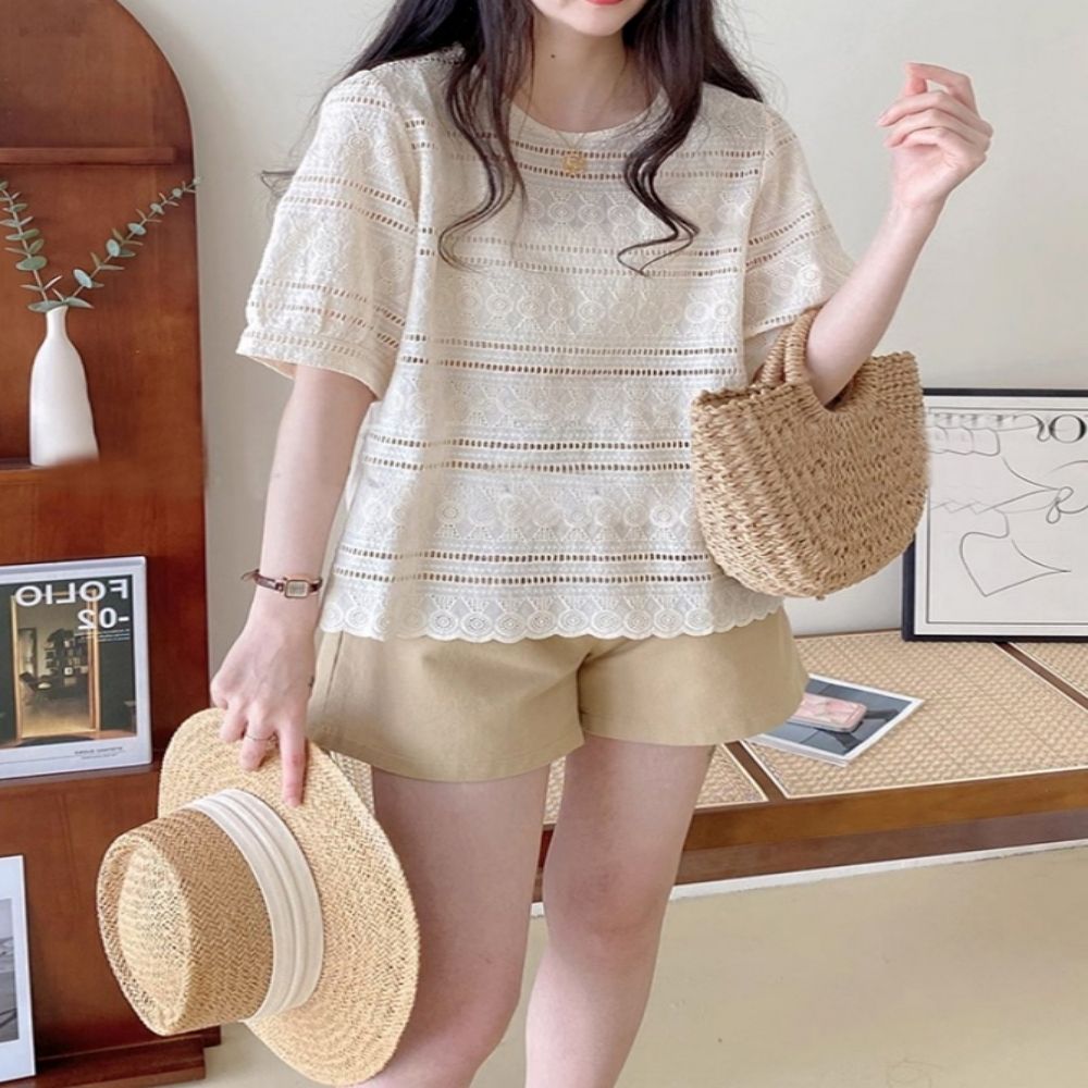 반팔 휴가 여성 자수 블라우스 여름 펀칭 해변 러블리