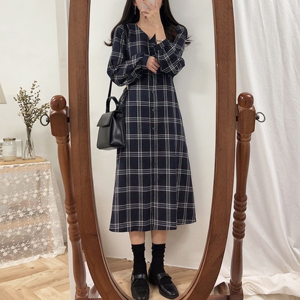 캐주얼 여성 2컬러 베이직 체크패턴 롱원피스
