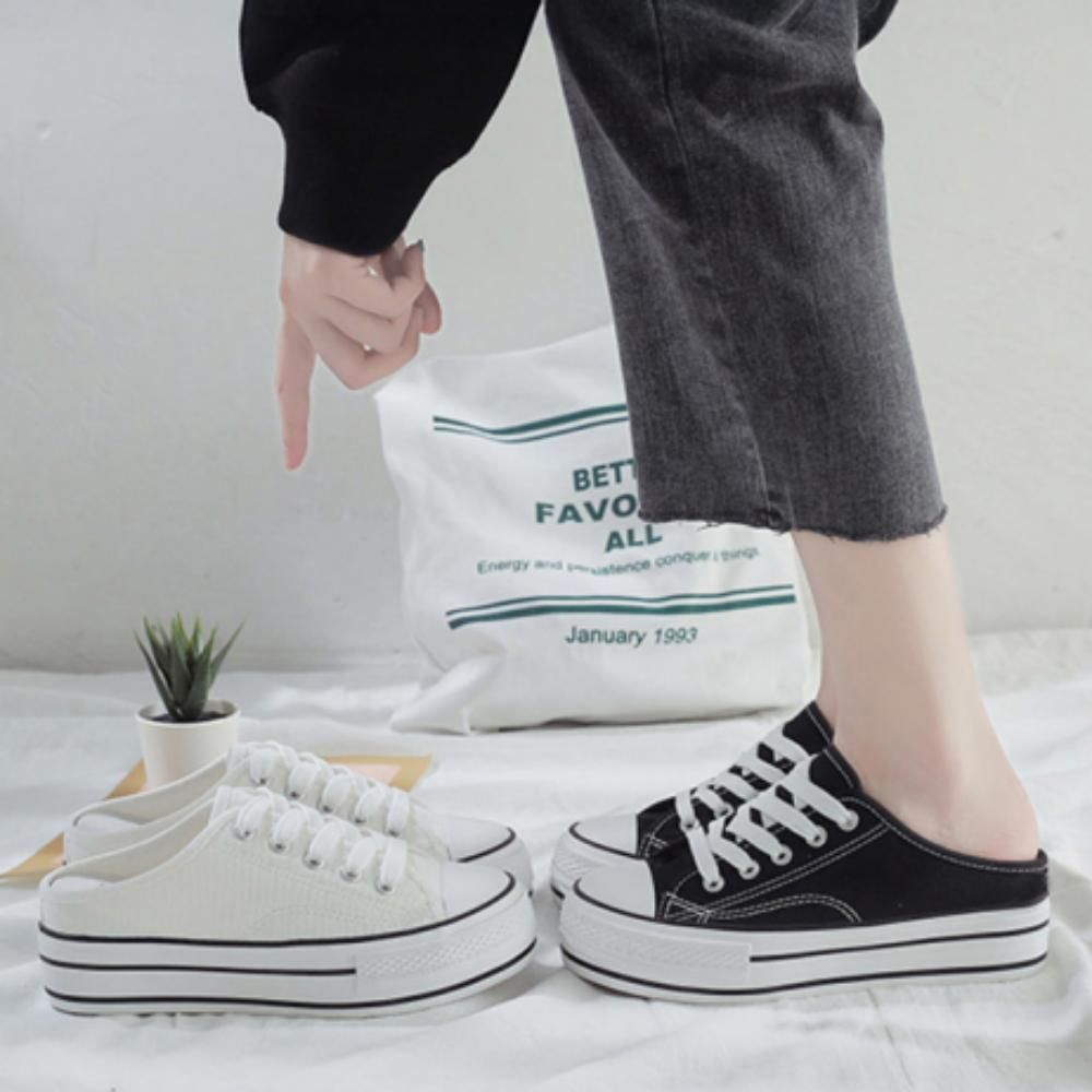 여성 데일리 캐주얼 키높이 통굽 캔버스 뮬 스니커즈