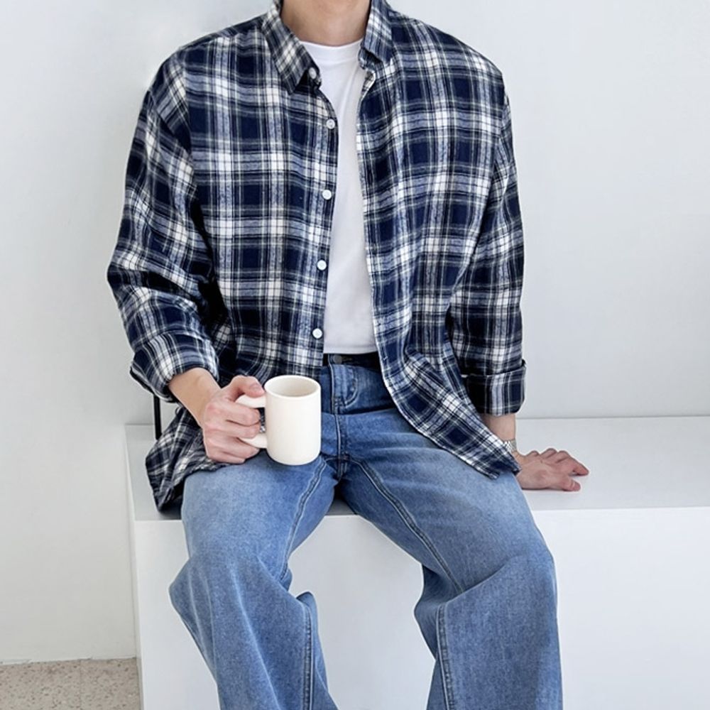 데일리 남자 체크 셔츠 오버핏 블라우스 남성 셔츠