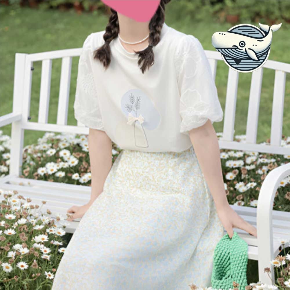 여성 데일리 플라워 리본 벌룬소매 티셔츠